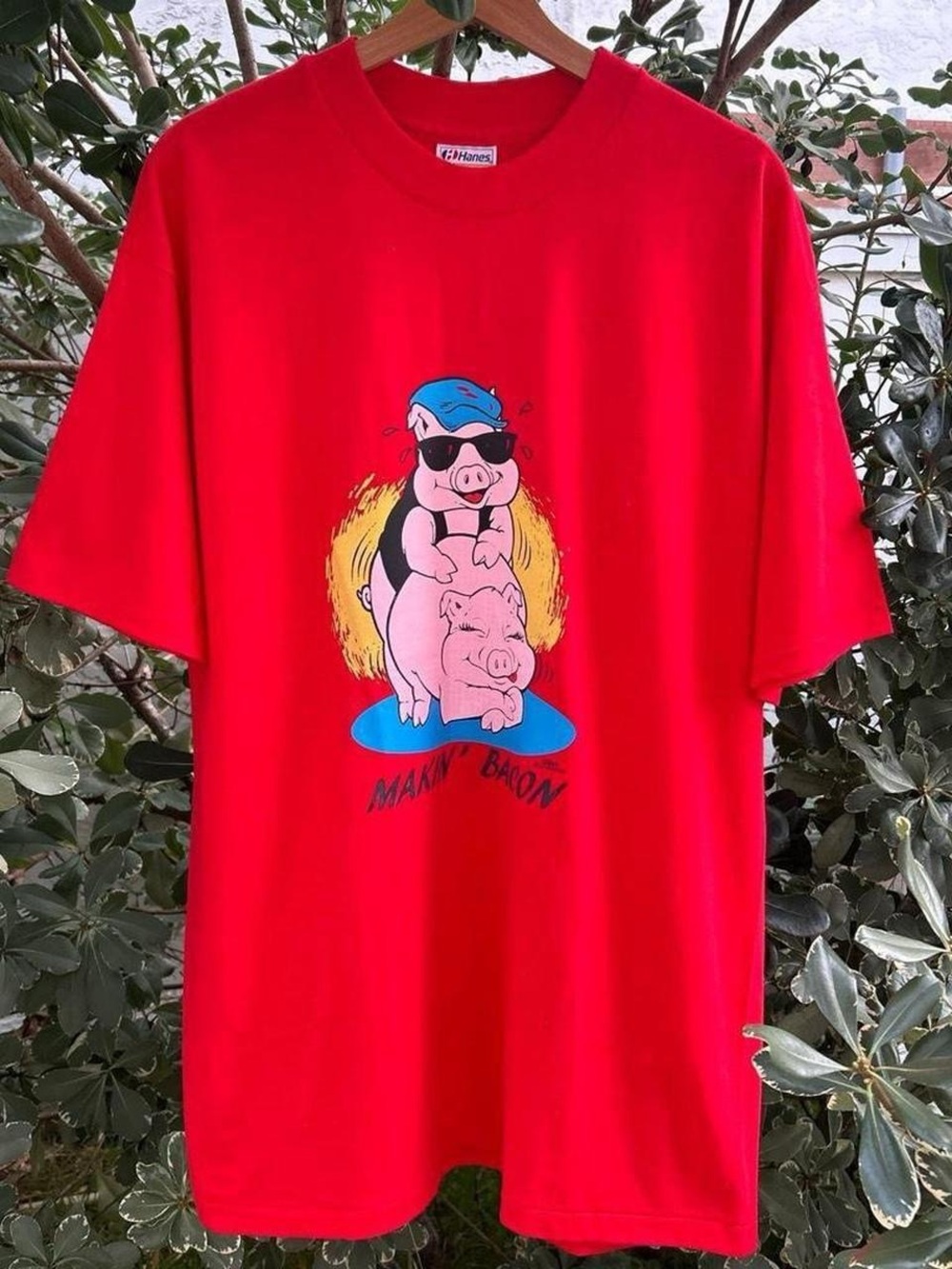 Vintage 1988 Hanes Makin Bacon Pigs T Shirt Men’s XL Red Funny USA